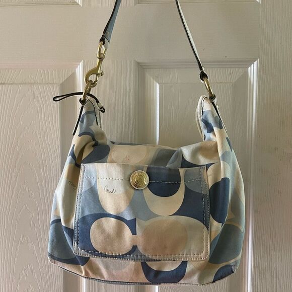 Coach Signature Nylon Blue Scarf Print Hobo Bag 11734 Leather strap and trim. - Picture 6 of 16